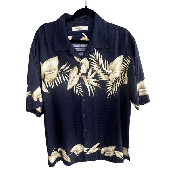 Tommy Bahama Men's 100% Silk Black Tan Calla Lily Floral Hawaiian Shirt Size L - Picture 1 of 7